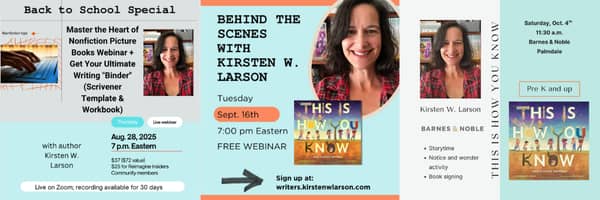 promotional banner for author Kirsten W. Larson featuring her book 'This is What I Know.' The banner includes her headshot photo and advertises a free webinar on Tuesday, Sept. 10th at 7 p.m. Eastern titled 'Behind the Scenes with Kirsten W. Larson.'