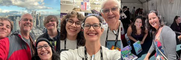 From left to right: Atop Seattle's Space Needle, volunteering for FIRST robotics with my dad (right), meeting a favorite author at LA Times Festival of Books