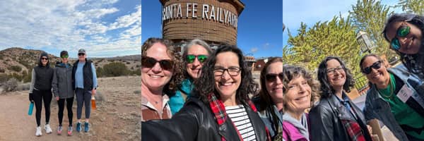 These are images of Kirsten hiking in NM, in Santa Fe with friends, and with critique group members at Big Sur