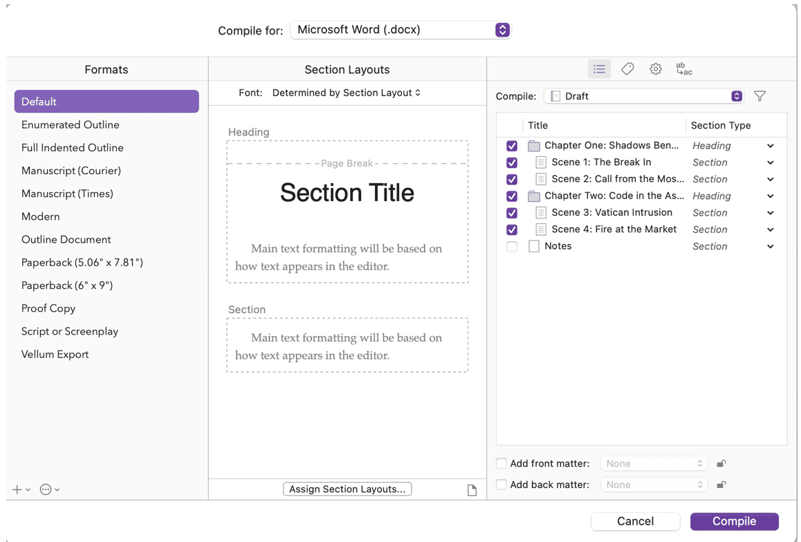 Scrivener compile window showing export options for Microsoft Word format, with a list of document formats on the left, section layout preview in the center, and compilation settings on the right including chapter and scene titles for a manuscript.