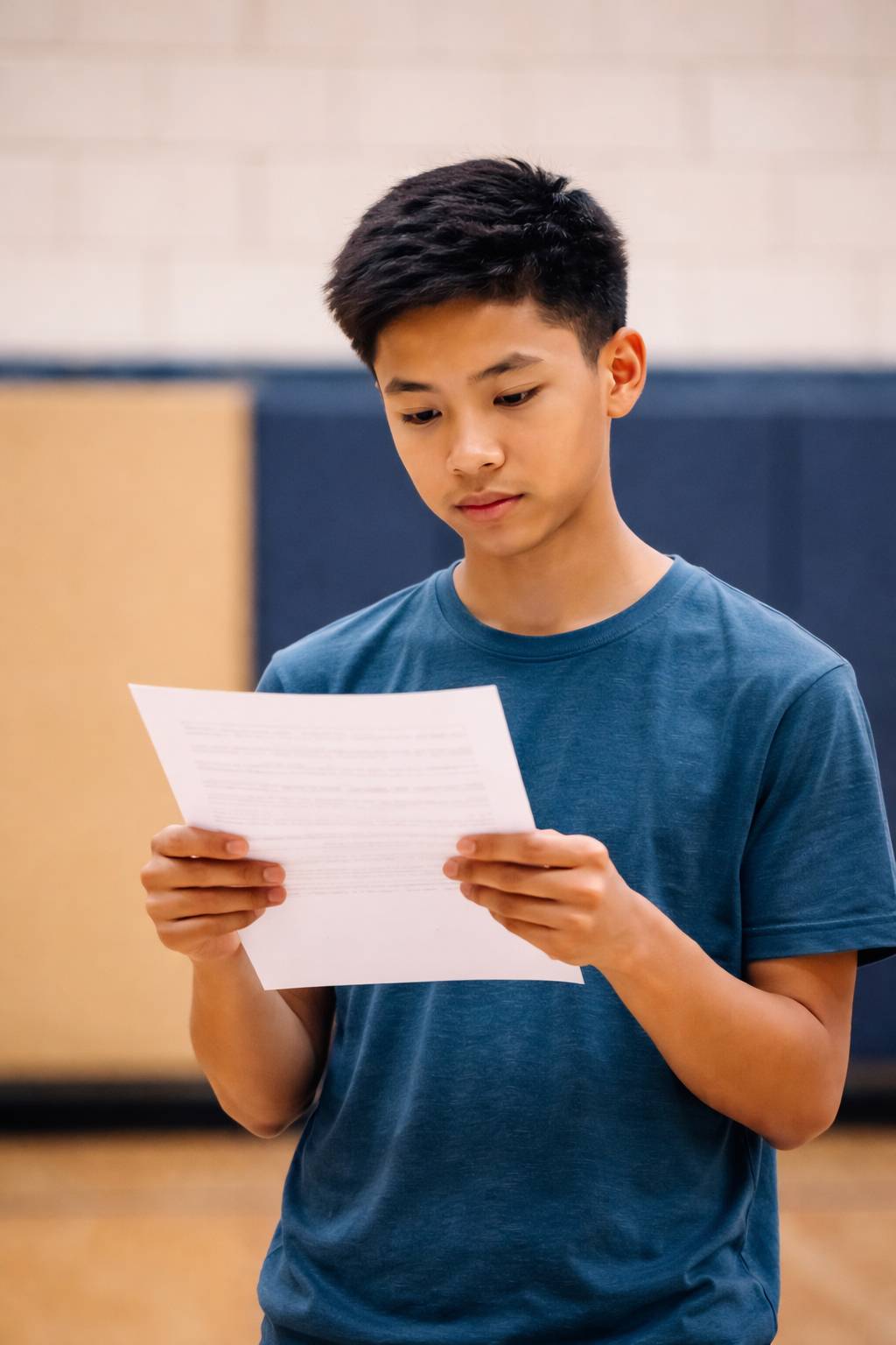 High school student in a gym holding a paper and reviewing it with a focused expression.