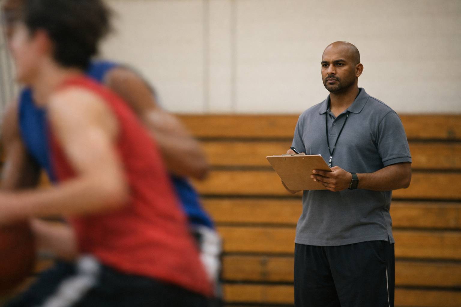High school physical education teacher observing students playing basketball during class