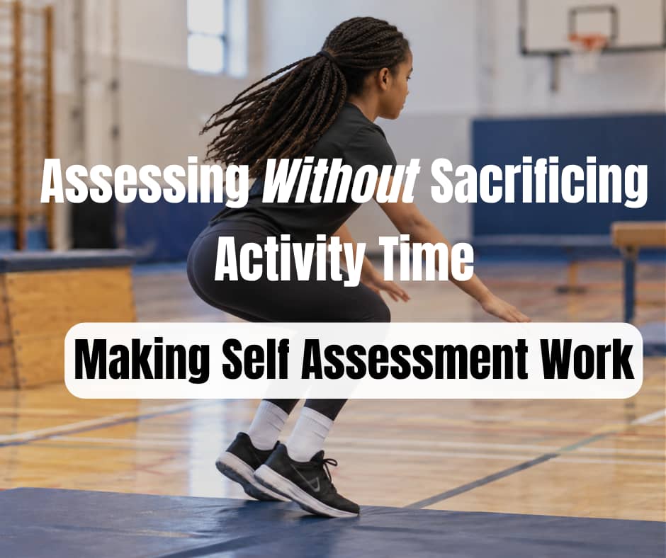A student wearing a black athletic shirt and leggings practises a controlled landing on a mat in a school gymnasium, bending her knees and extending her arms for balance.