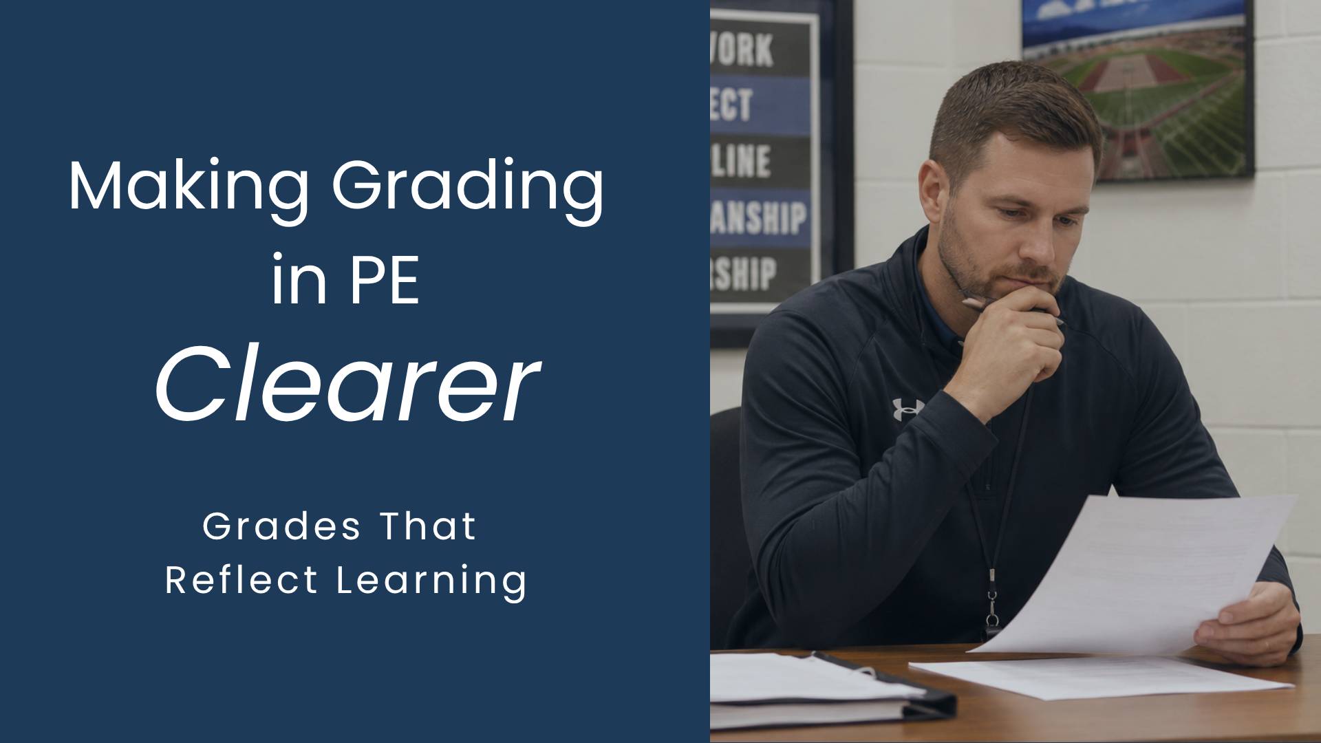 A PE teacher sitting at a desk looking at information to determine a grade. 
