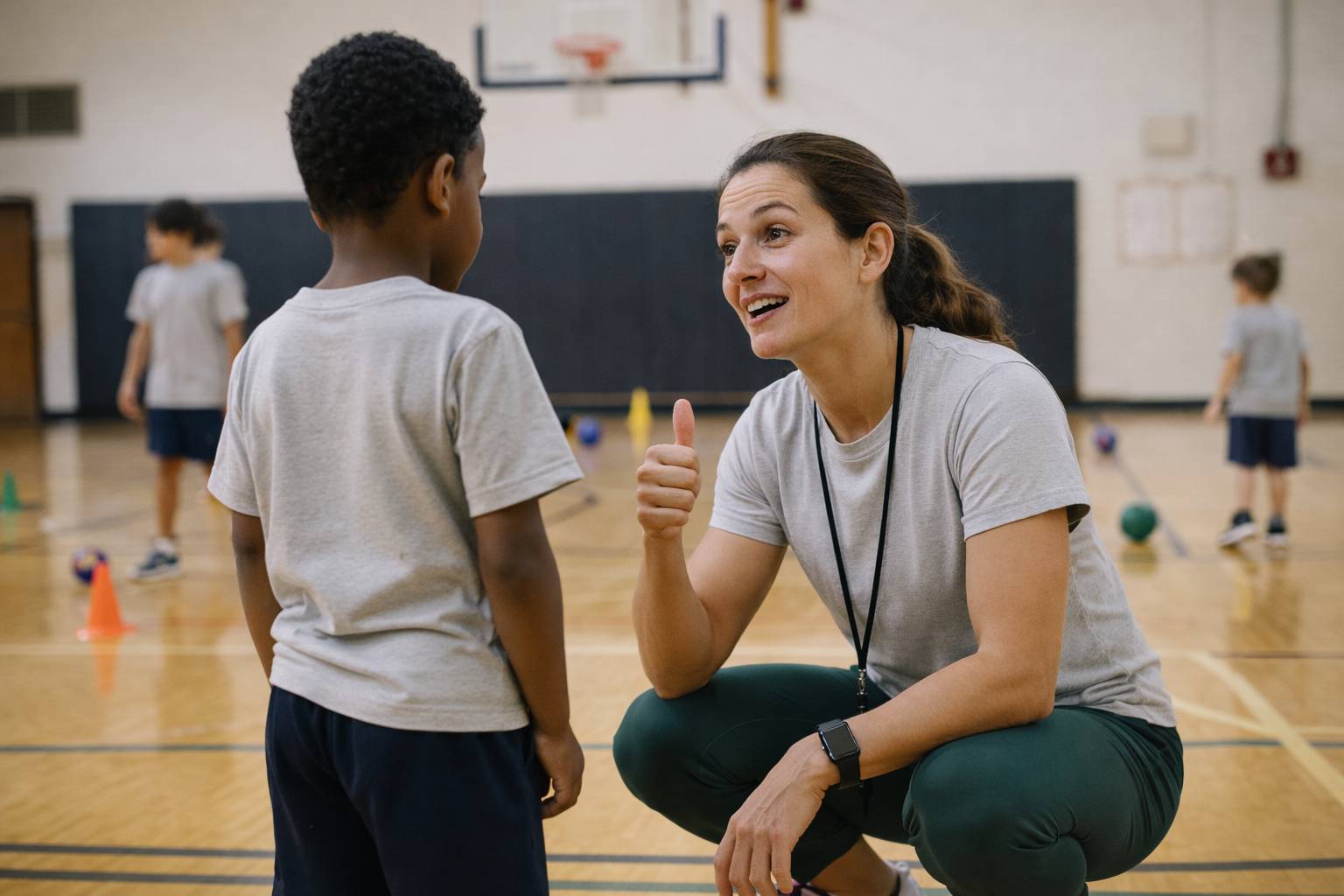 PE teacher giving specific feedback to a student during practice in a school gym
