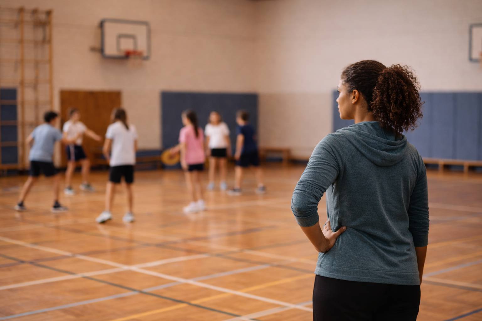 A PE teacher stands at the side of a gym observing students participating in class activities.