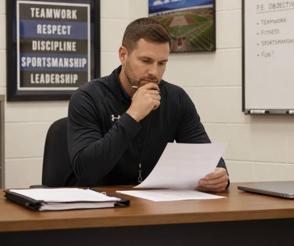A PE teacher sitting at a desk, reading paperwork thoughtfully, with a whistle around his neck and a board of PE values visible in the background.
