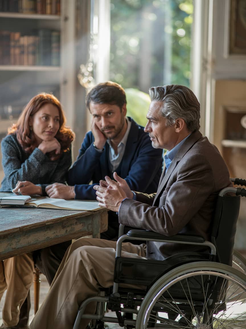 adult children listening to elderly father in wheelchair