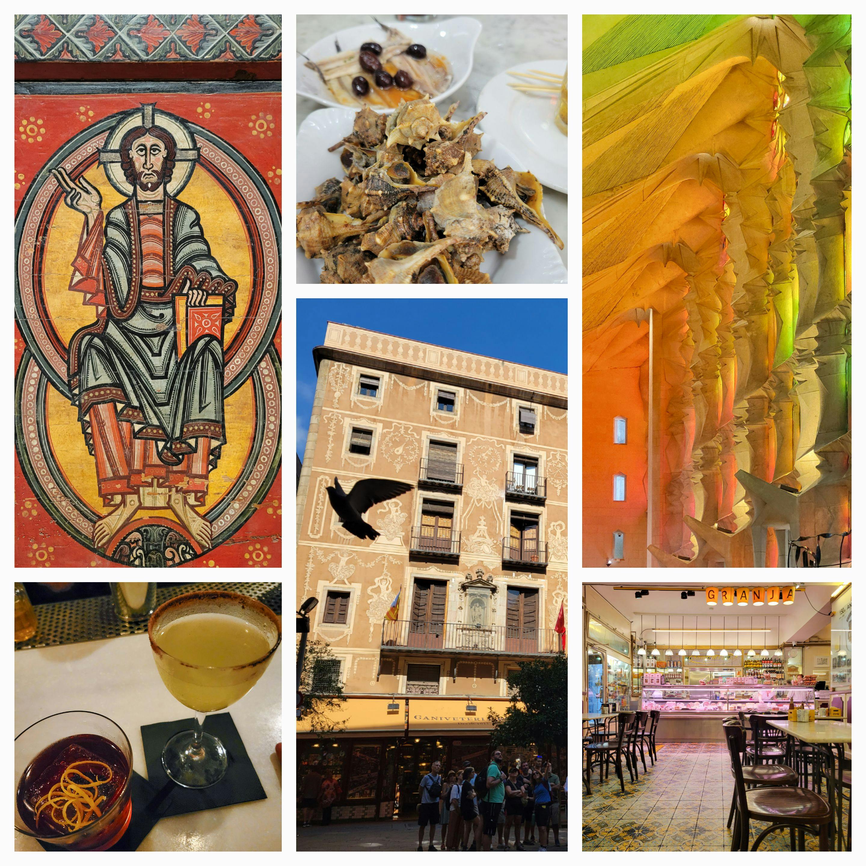 Collage of photos from Barcelona: Romanesque painting of Jesus, sea snails, detail of Sagrada Familia, cocktails, street scene, Granja M. Viader