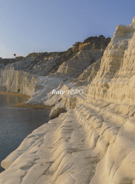 Animated collage of classic Italian film stills with personal travel photos from Rome and Sicily, layered over the white cliffs of Scala dei Turchi ©Stephanie Dosch | theViatrix Luxury Travel