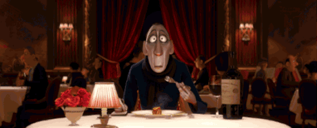 Gif of the moment in the Pixar movie Ratatouille where the food critic takes a bite and is transported to his childhood