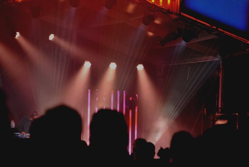 Concert stage is lit up, ready for performance.