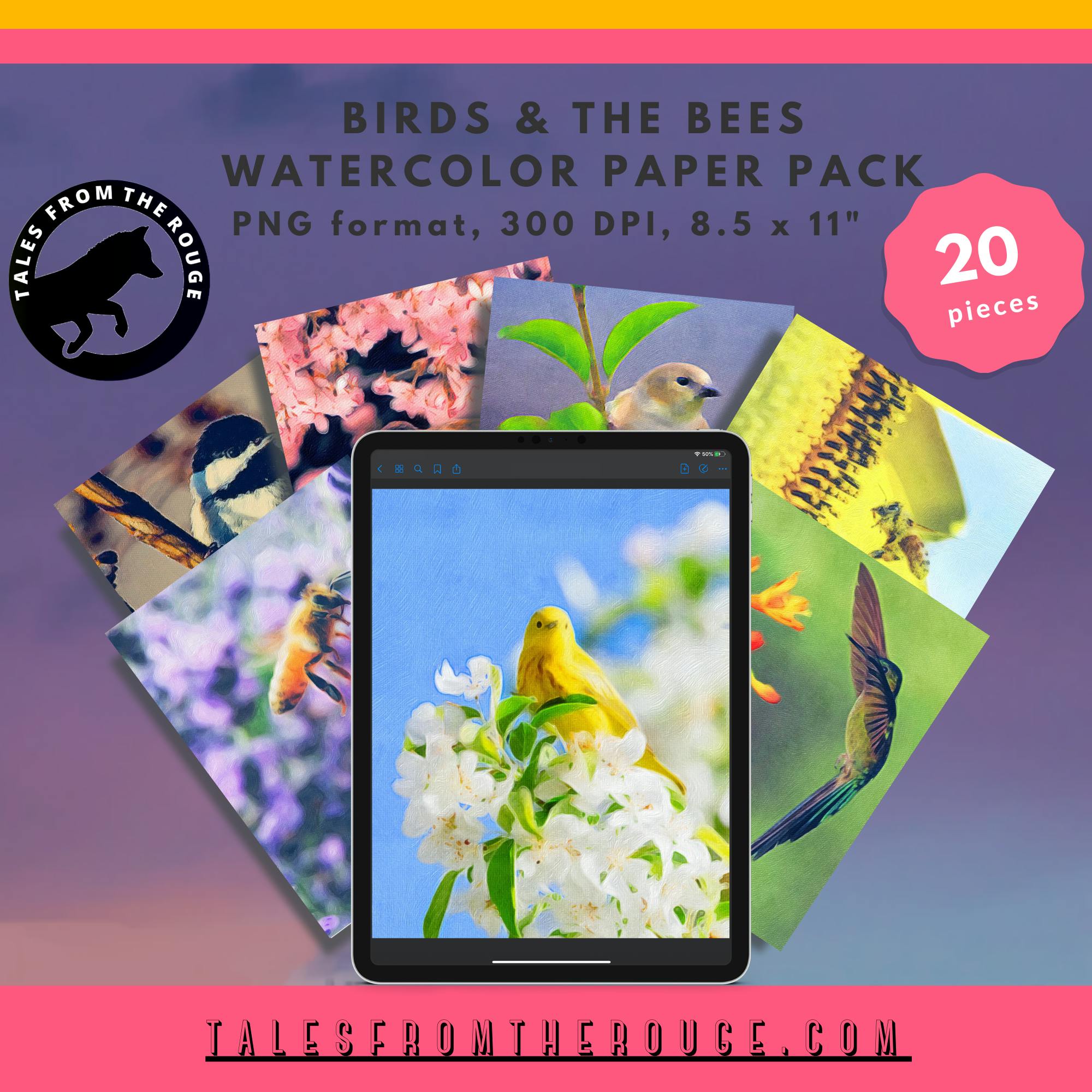 Birds and the Bees Watercolor Paper Pack (20 pieces. Commercial Use)
