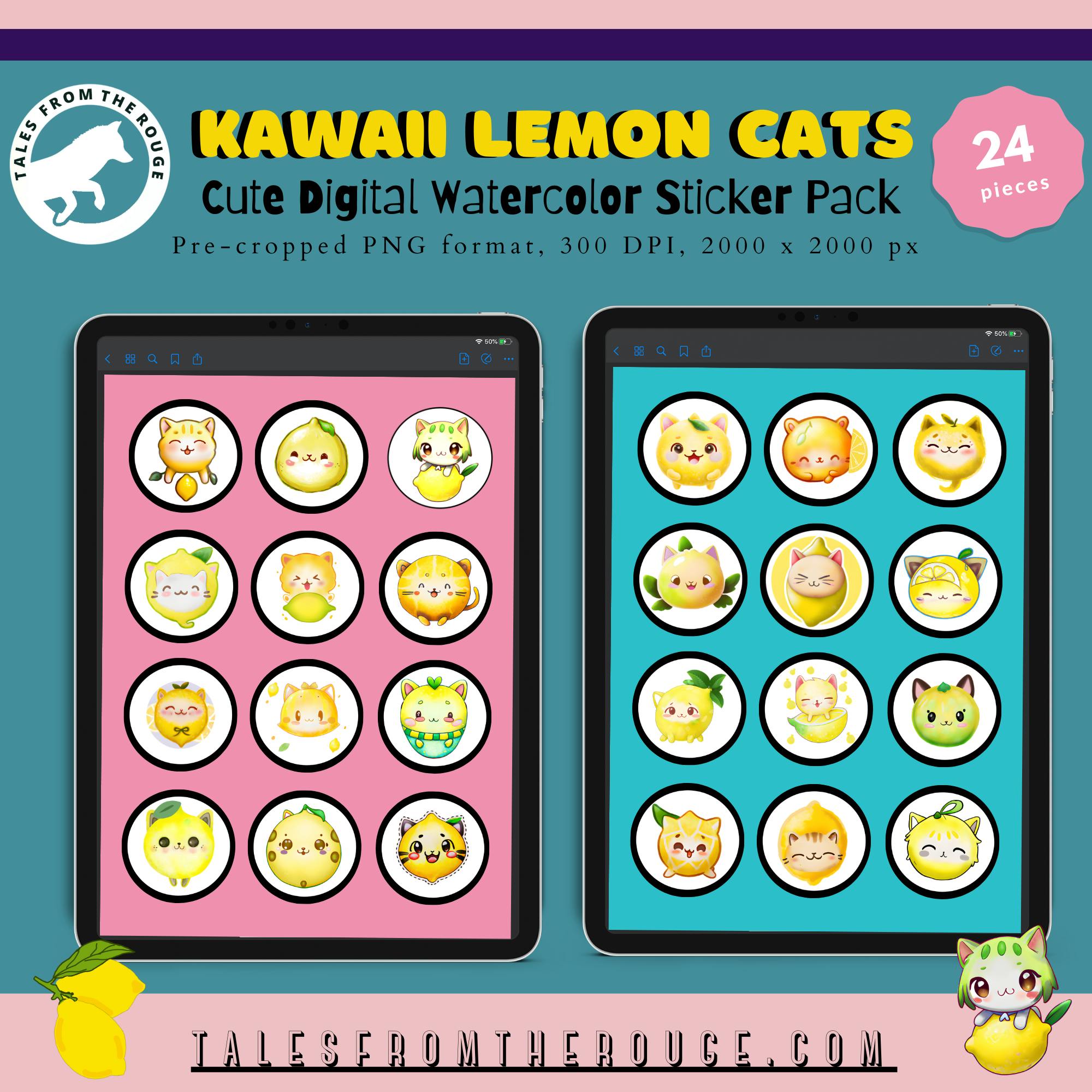 Lemon Cats Kawaii Chibi Stickers (24 pieces. Commercial Use)