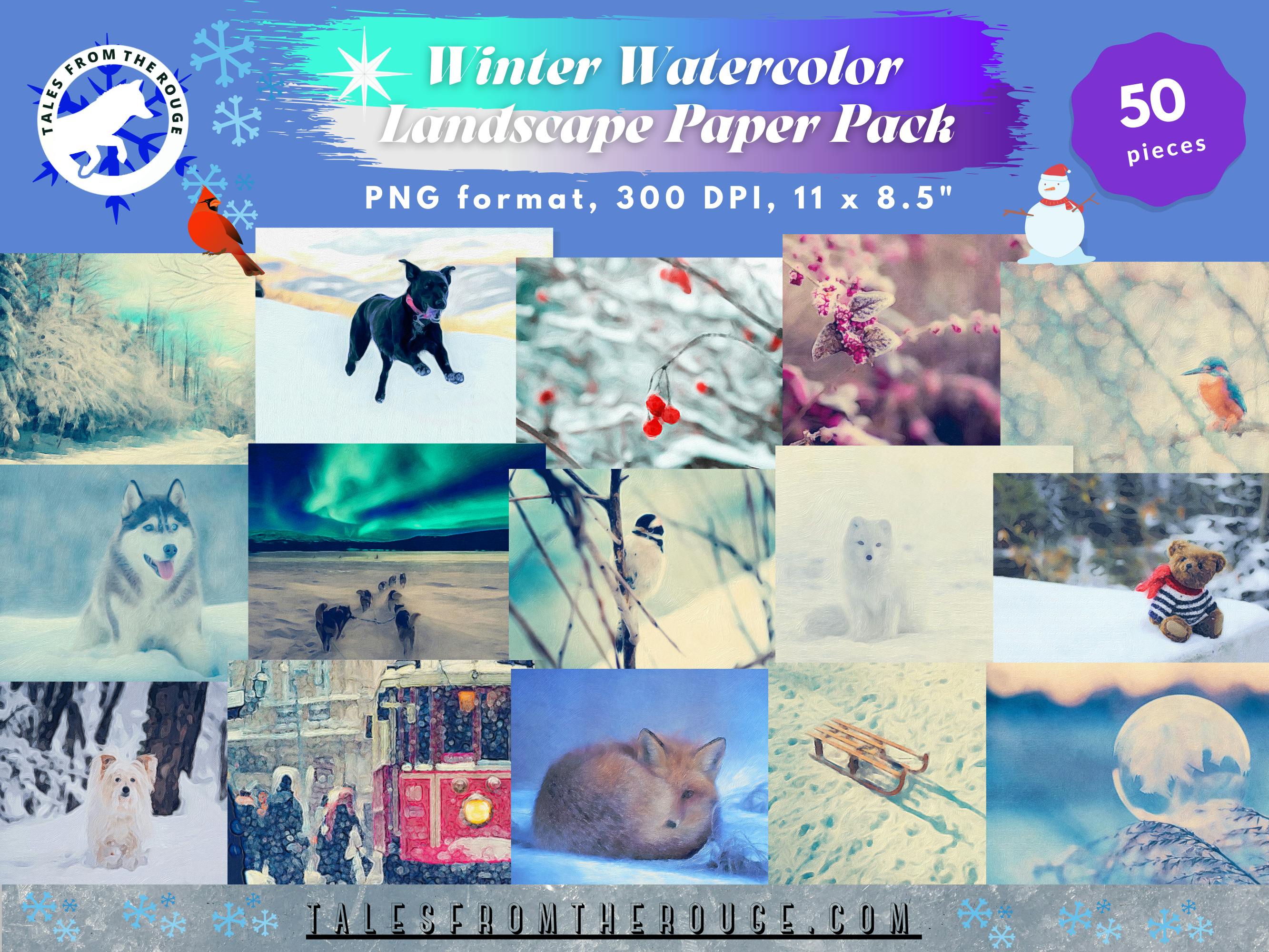 Winter Watercolor Landscape Pack - 50 pieces - Commercial Usage