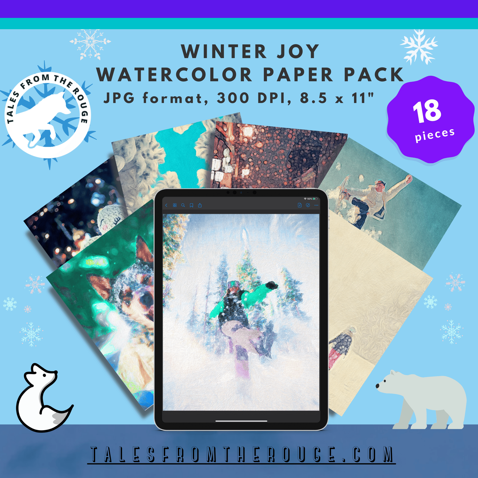 Winter Joy Watercolor Paper Pack (20 pieces, Commercial Use)