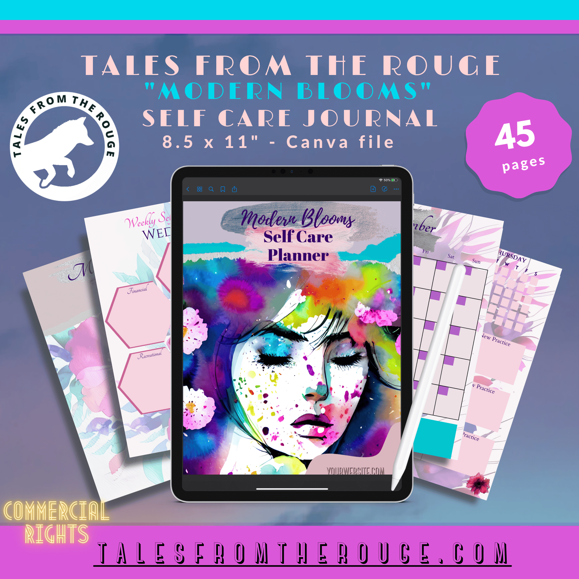 Modern Blooms Self Care Planner (45 pages. Commercial Use, Canva file)