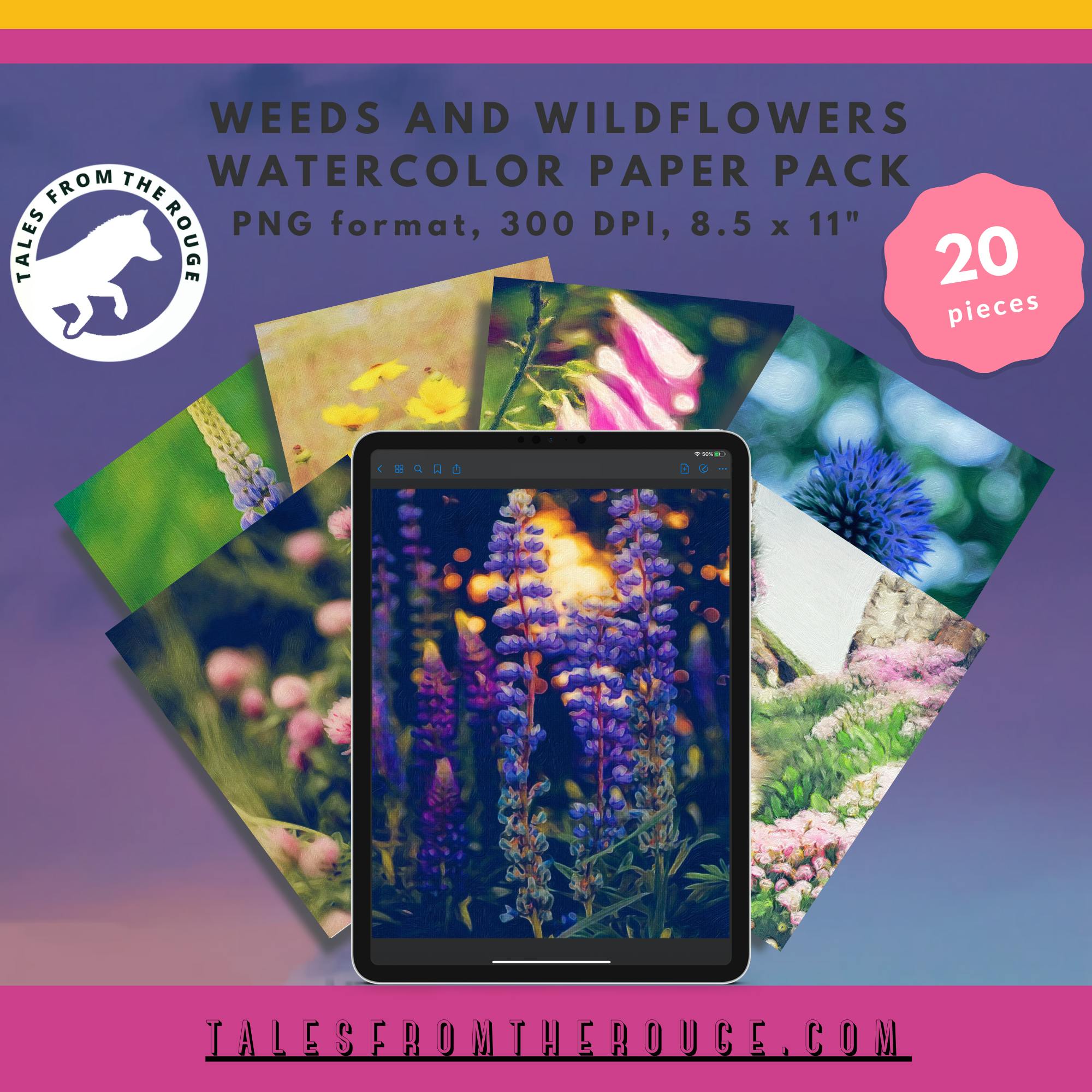 Weeds + Wildflowers Watercolor Paper Pack (20 pieces. Commercial Use)
