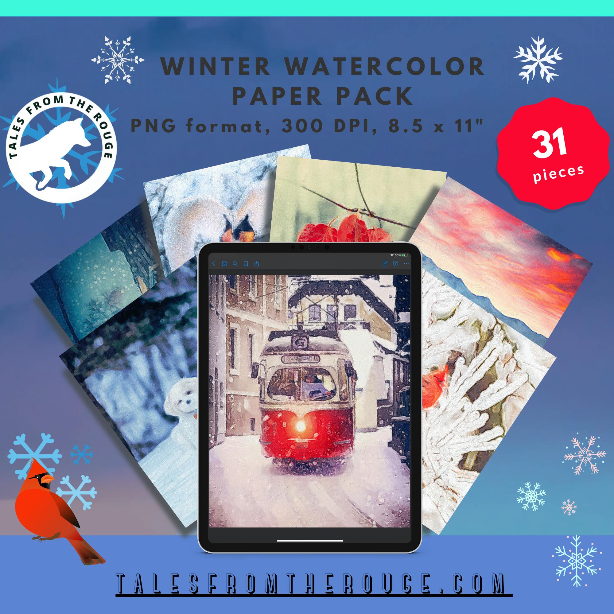 Winter Watercolor Papers - 31 pieces - Commercial Usage