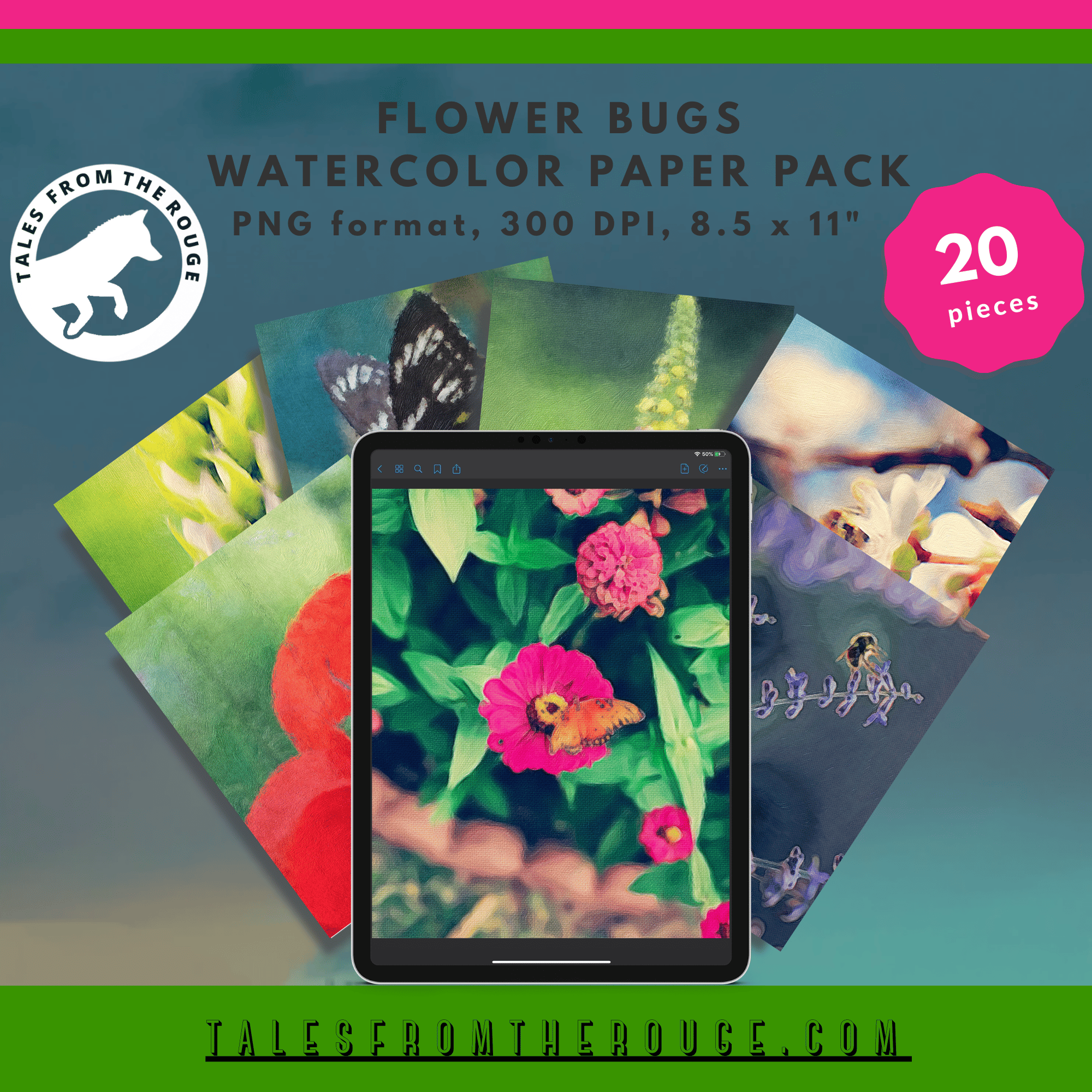 Flower Bugs Watercolor Paper Pack (20 pieces. Commercial Use)