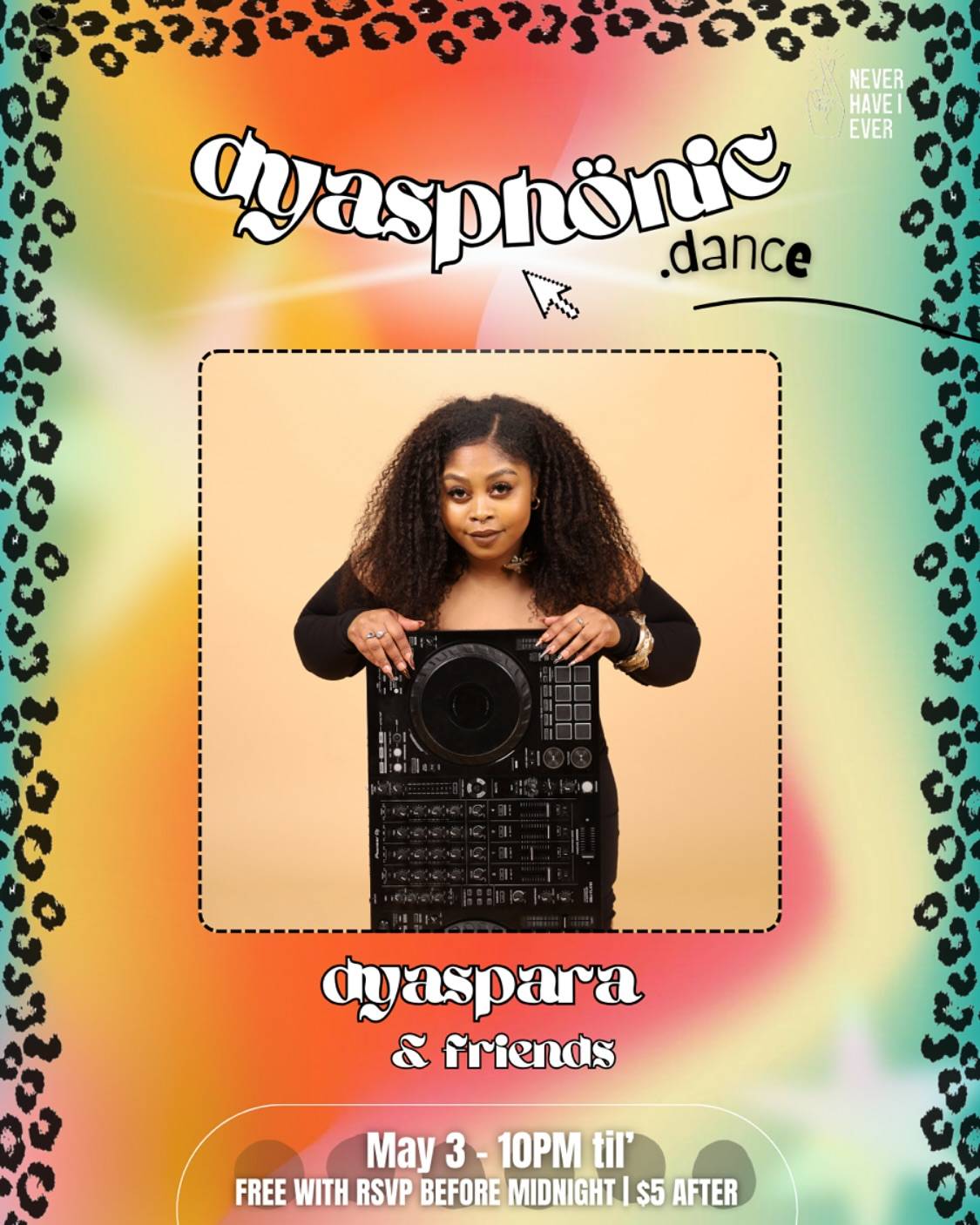 And we BACK for the next @dyasphonic.dance on May 3 at @neverhaveieverbar in the nightclub so you’ll have more room to move! 🤪 If you missed last event, you won’t want to miss this one!

Free with RSVP before midnight and $7 after! You must RSVP at the link in bio for free entry! Full lineup to come!