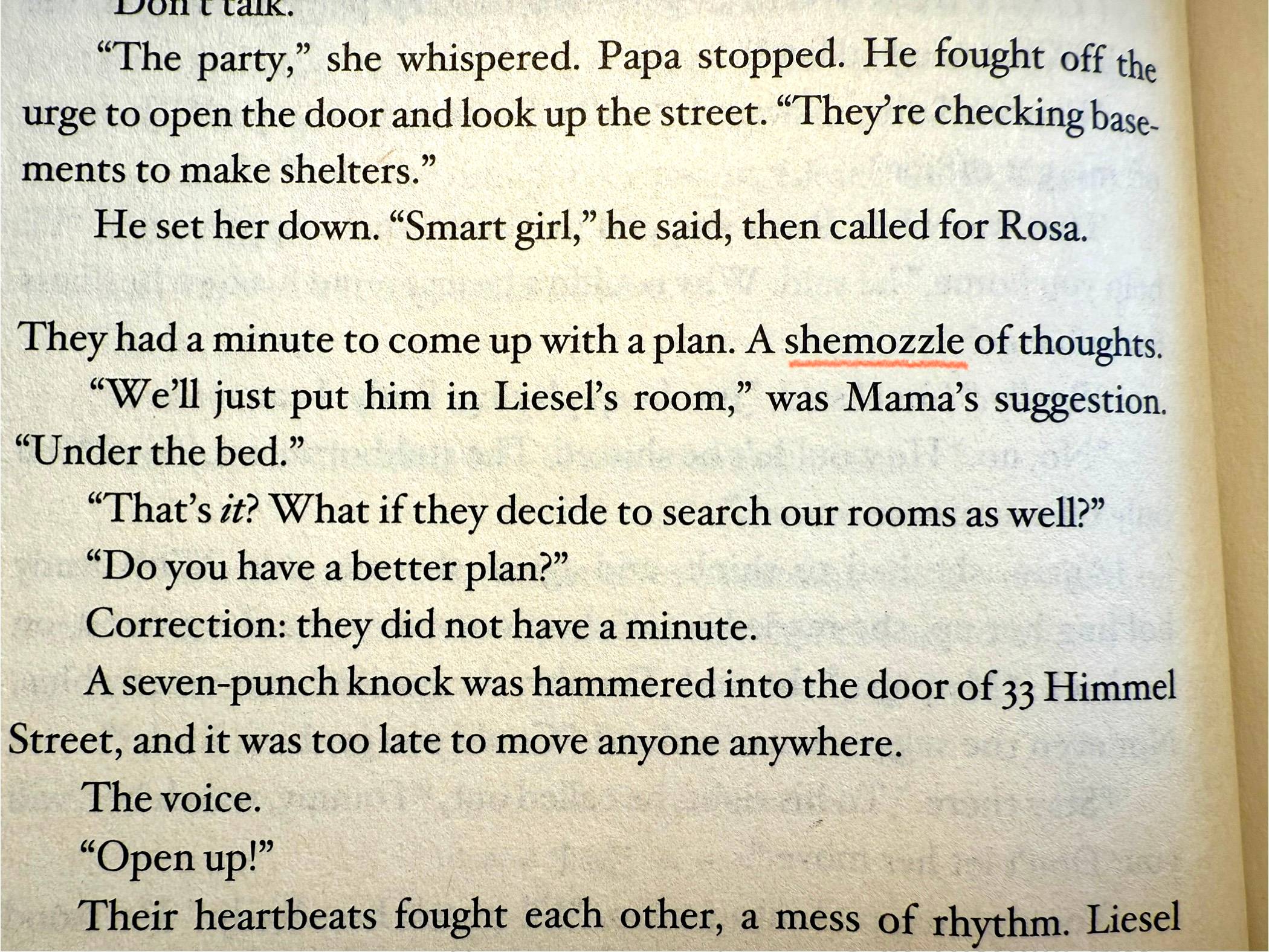 Page from a book featuring the word "shemozzle"