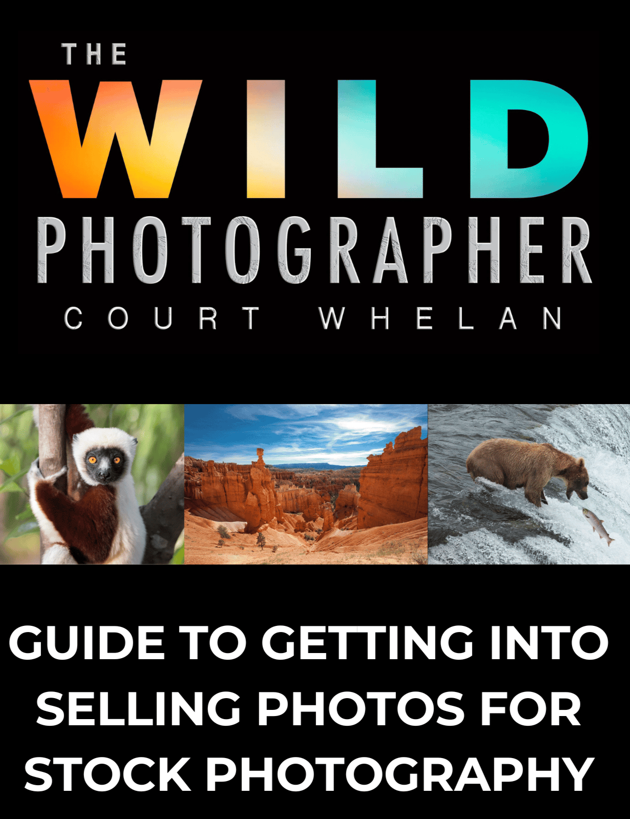 The image features a book cover titled "The Wild Photographer" by Court Whelan. It includes three photographs: a lemur on a tree, a landscape of red rock formations under a blue sky, and a bear catching a fish in a river. Below the images, there is text that reads "Guide to Getting into Selling Photos for Stock Photography."