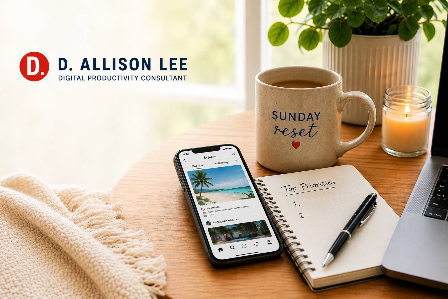 Cozy Sunday workspace with a phone, coffee, candle, laptop, and notebook open to a Top Priorities list.