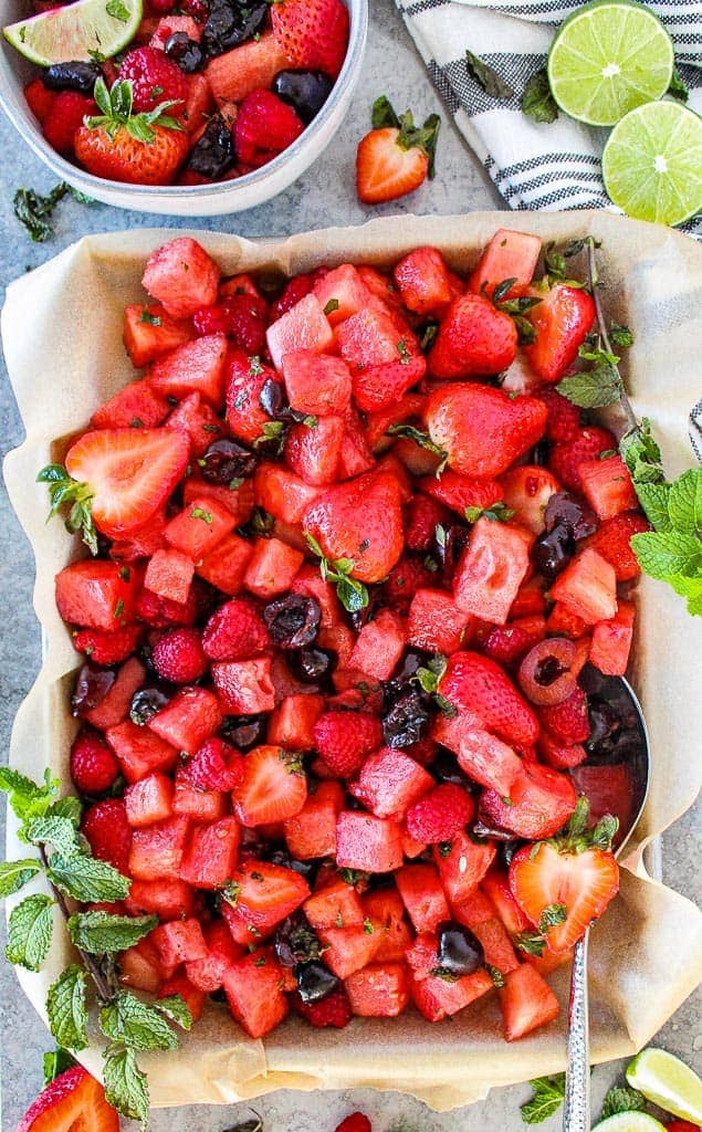 top down view of fruit salad in a serving dish