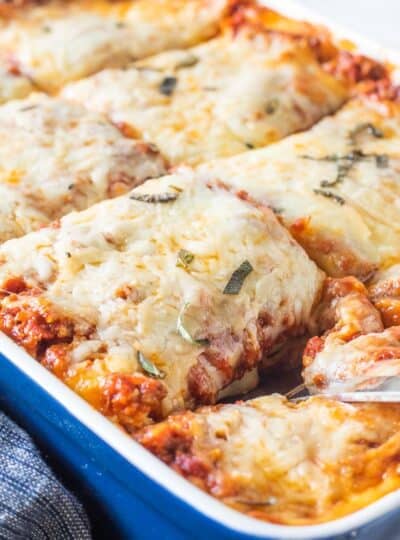 lasagna sliced in a pan