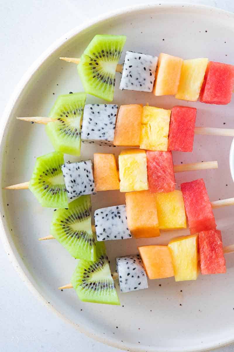 top down view of fruit salad in a serving dish