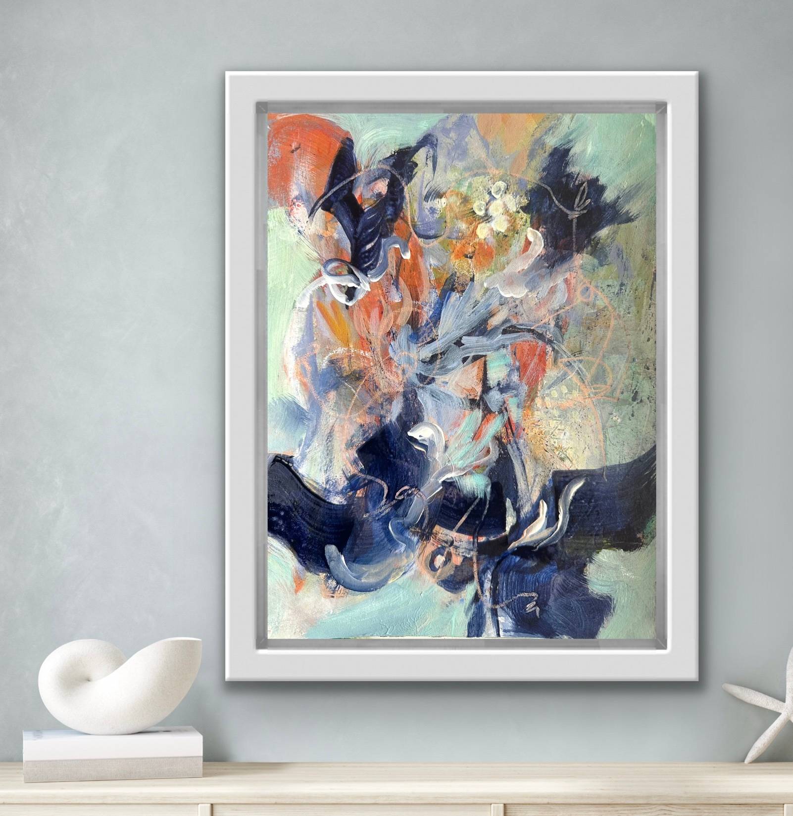 Wildflower Waltz by Beáta B?sze — abstract floral painting with Prussian blue, orange, and soft greens, evoking butterflies dancing in a wild garden.