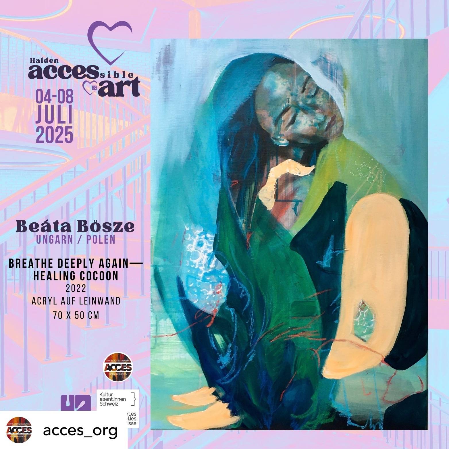 Healing Cocoon figurative painting by Beata Bosze and an exhibition invitation to Zurich