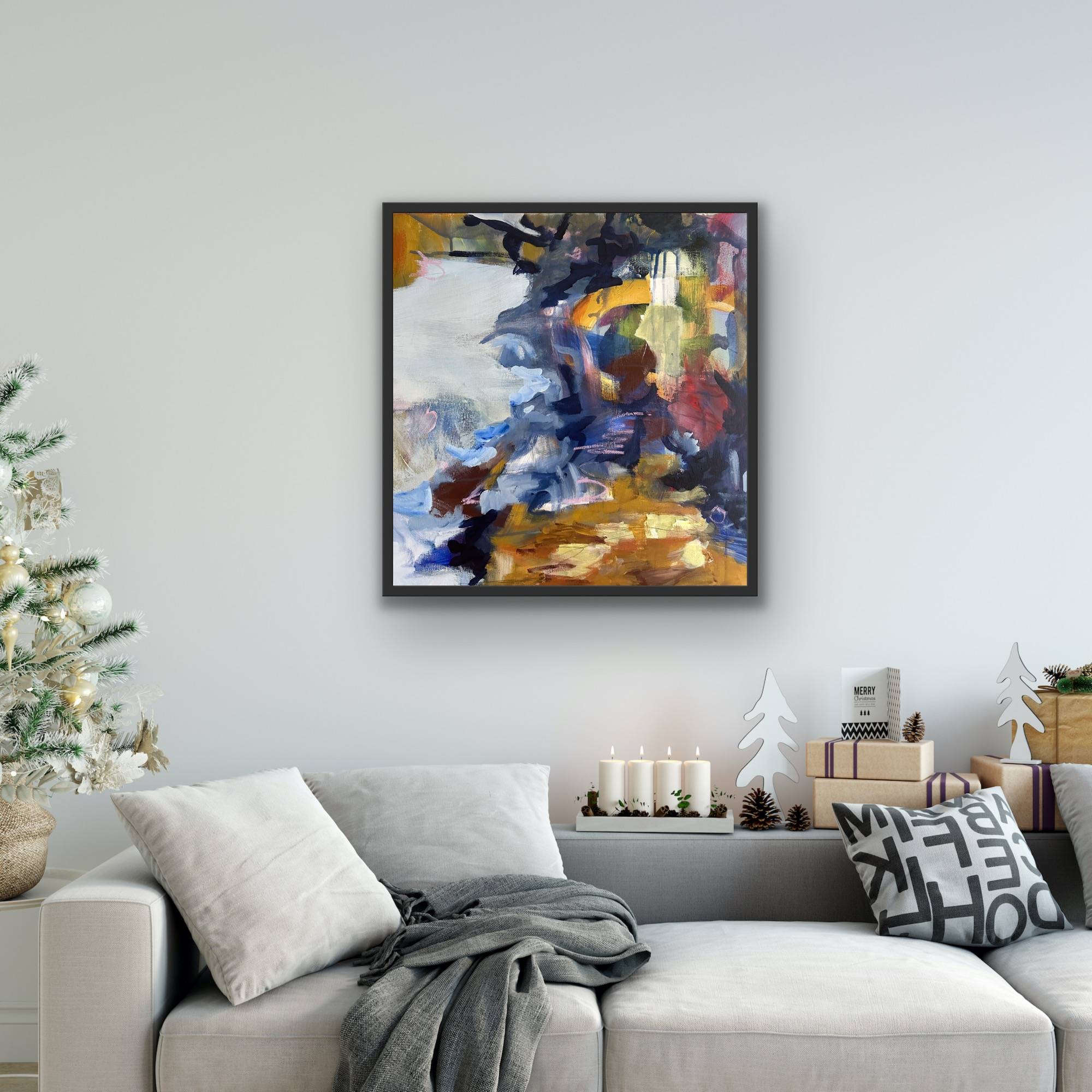 Abstract painting in situ reminding  to the bird flying over a land.