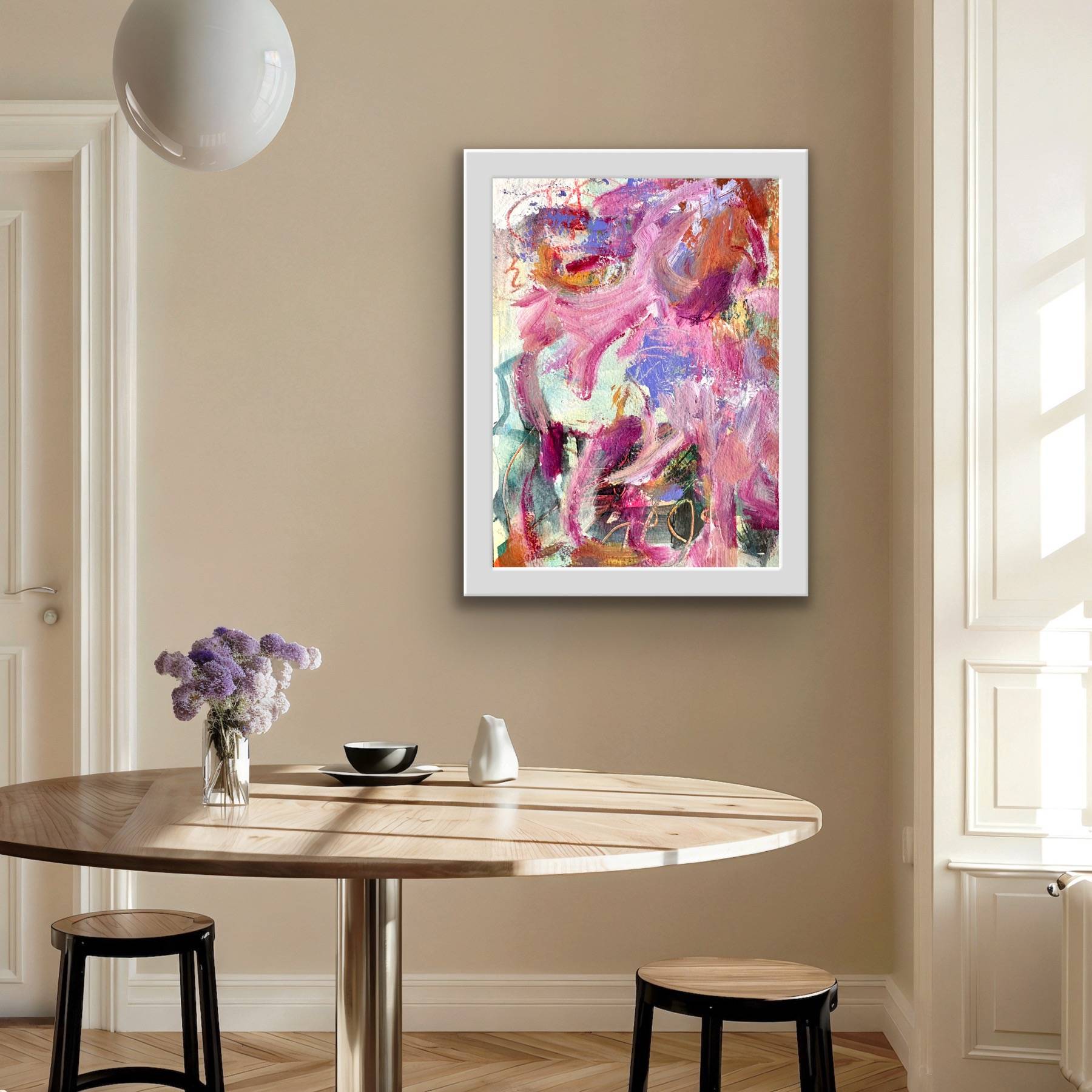 Pink abstract impressionist painting with layered textures and blendedspring colours, symbolizing softness and lightness by Beata Bosze.