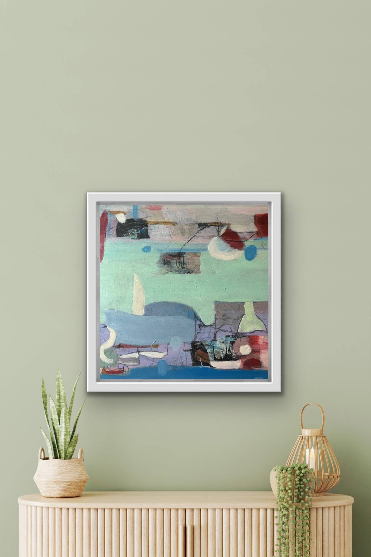 Abstract turquoise painting with sailing-boat-like shapes, layered textures, and soft motion—evoking summer memories and emotional journeys.