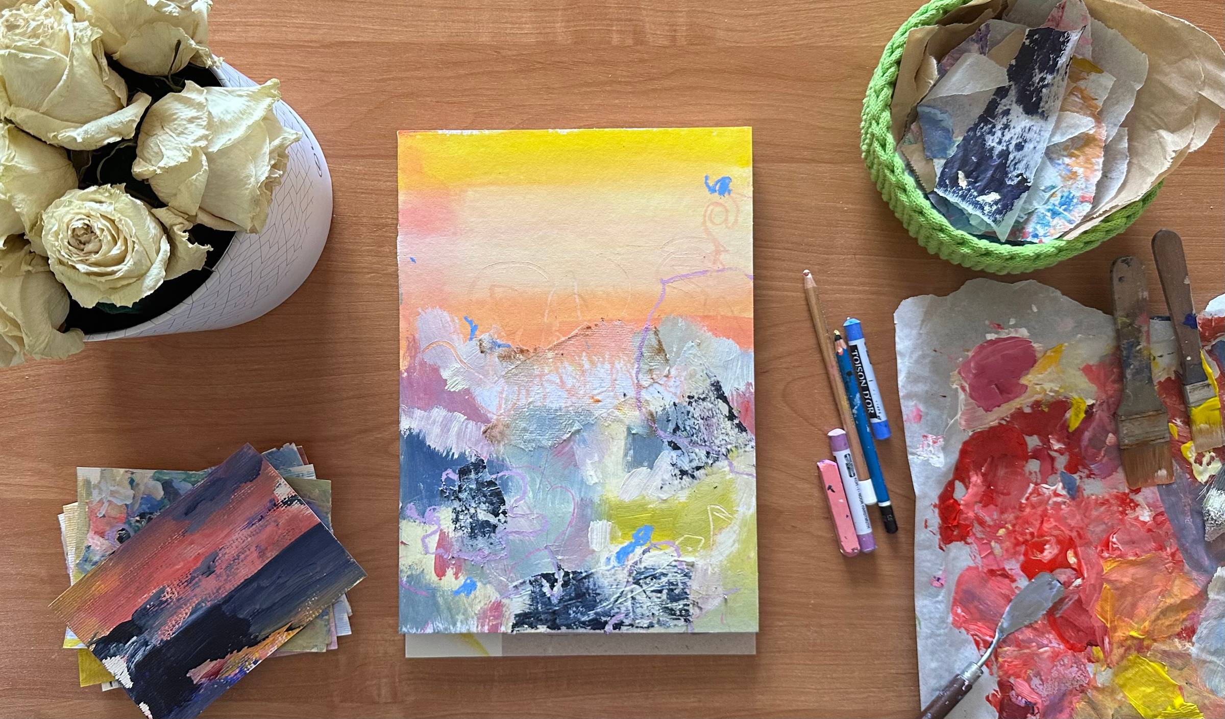 Sketchbooking with sunset colours, tea bag and own collage paper