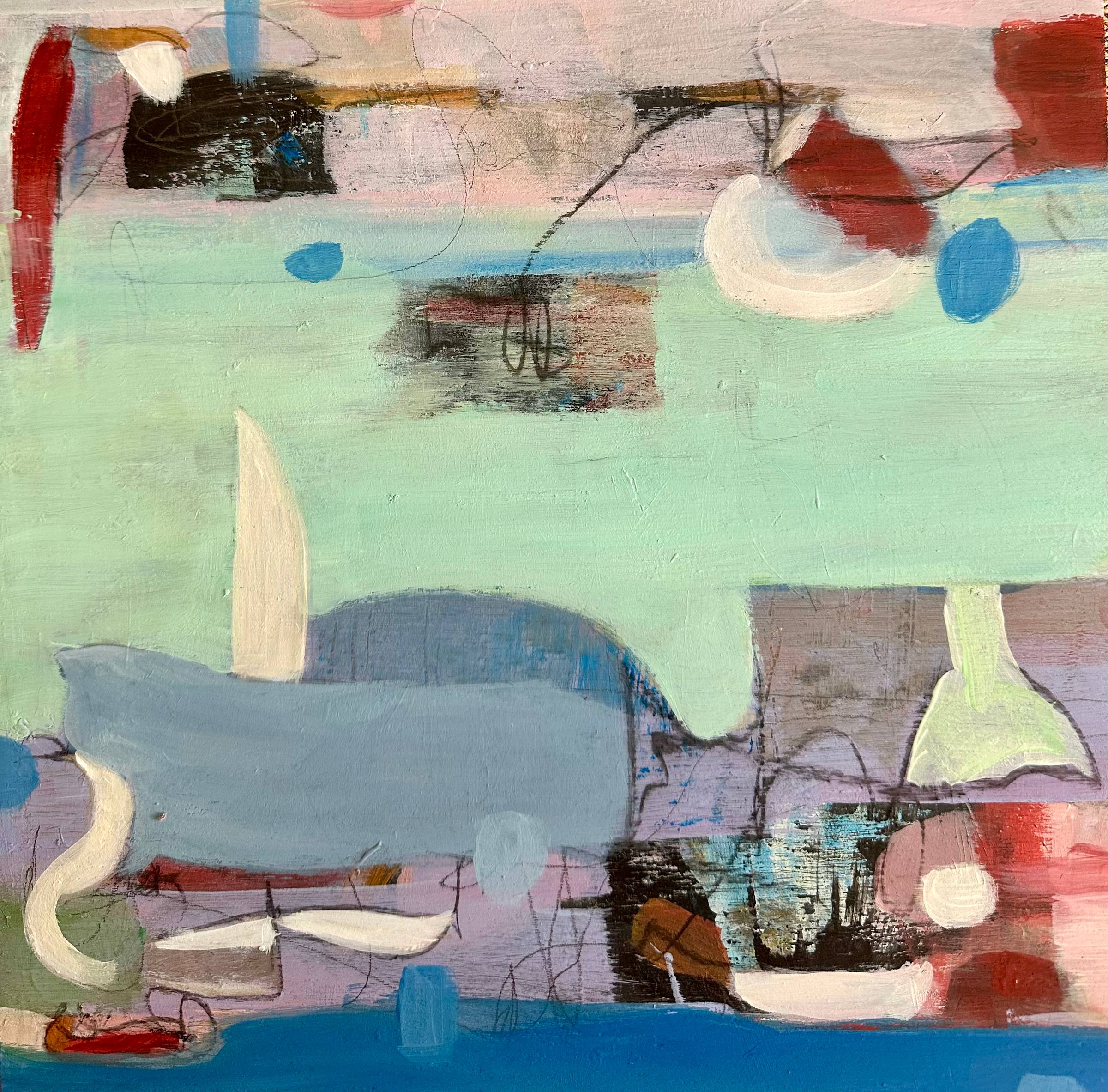 Abstract painting titled Sailing by Beáta B?sze, featuring soft pastels and charcoal smudged into layered textures. Evokes movement, memory, and emotional depth—like a quiet journey across inner seas.