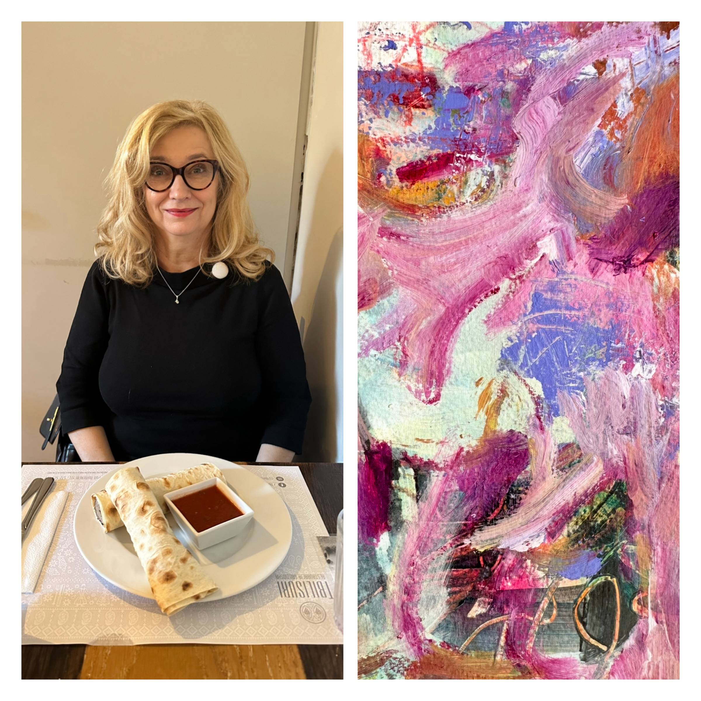 Expressive abstract artwork in gentle tones alongside a candid moment from the artist’s life from the Journaling Muse issue 43..