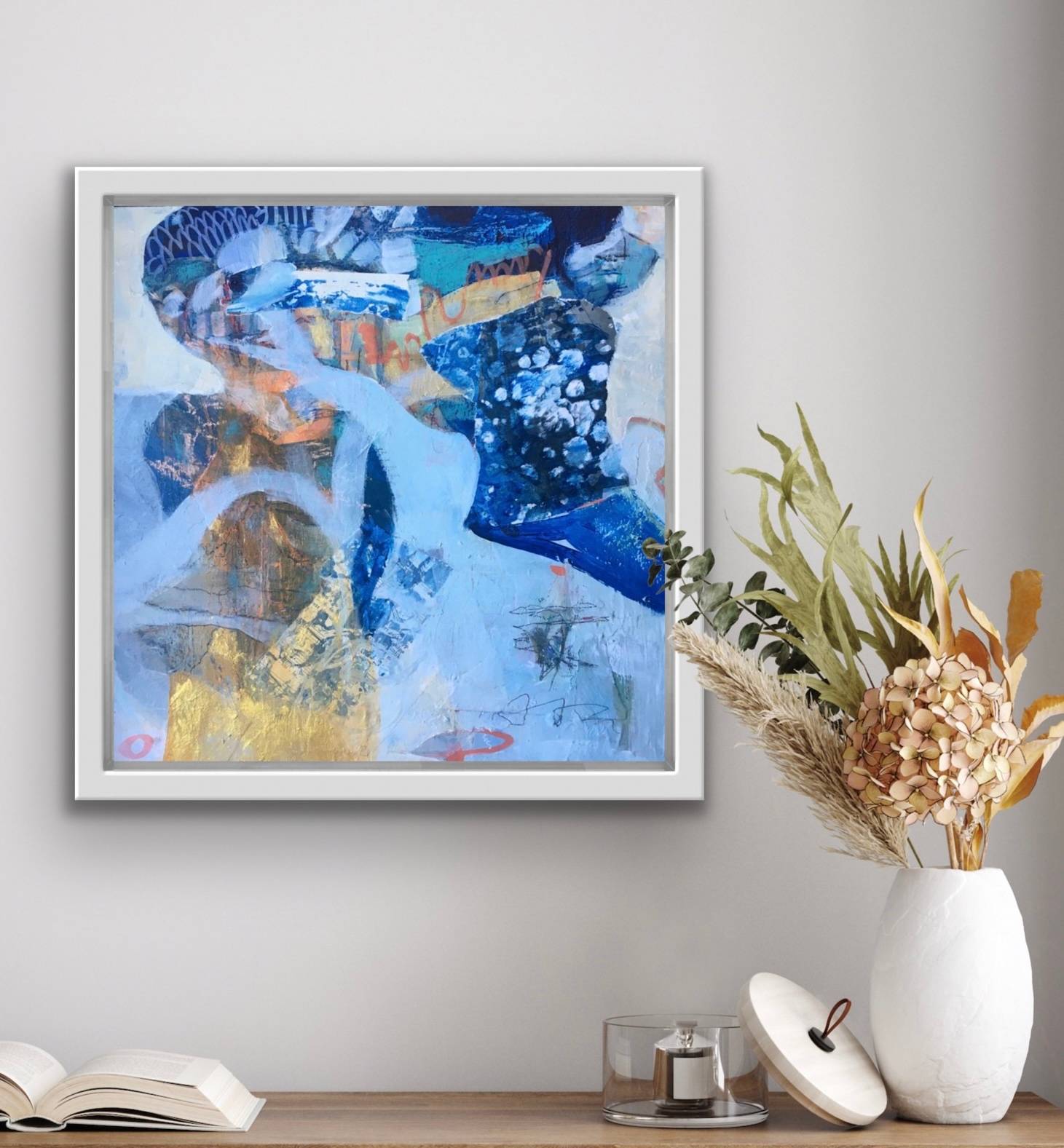 So Much Thought – abstract painting by Beáta B?sze in blue, gold, and orange with layered collage, symbolizing enoughness, simplicity, and honoring memories while carrying forward only what matters.