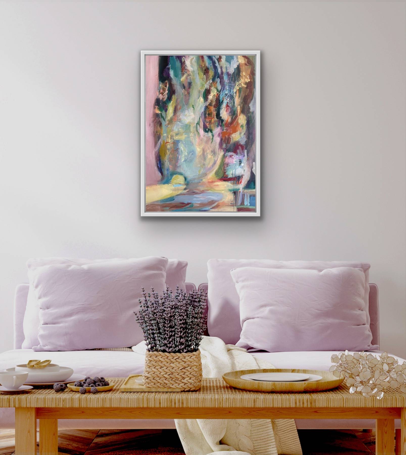 Abstract dream-forest painting with a glowing portal and soft, layered colors inviting the viewer inward.