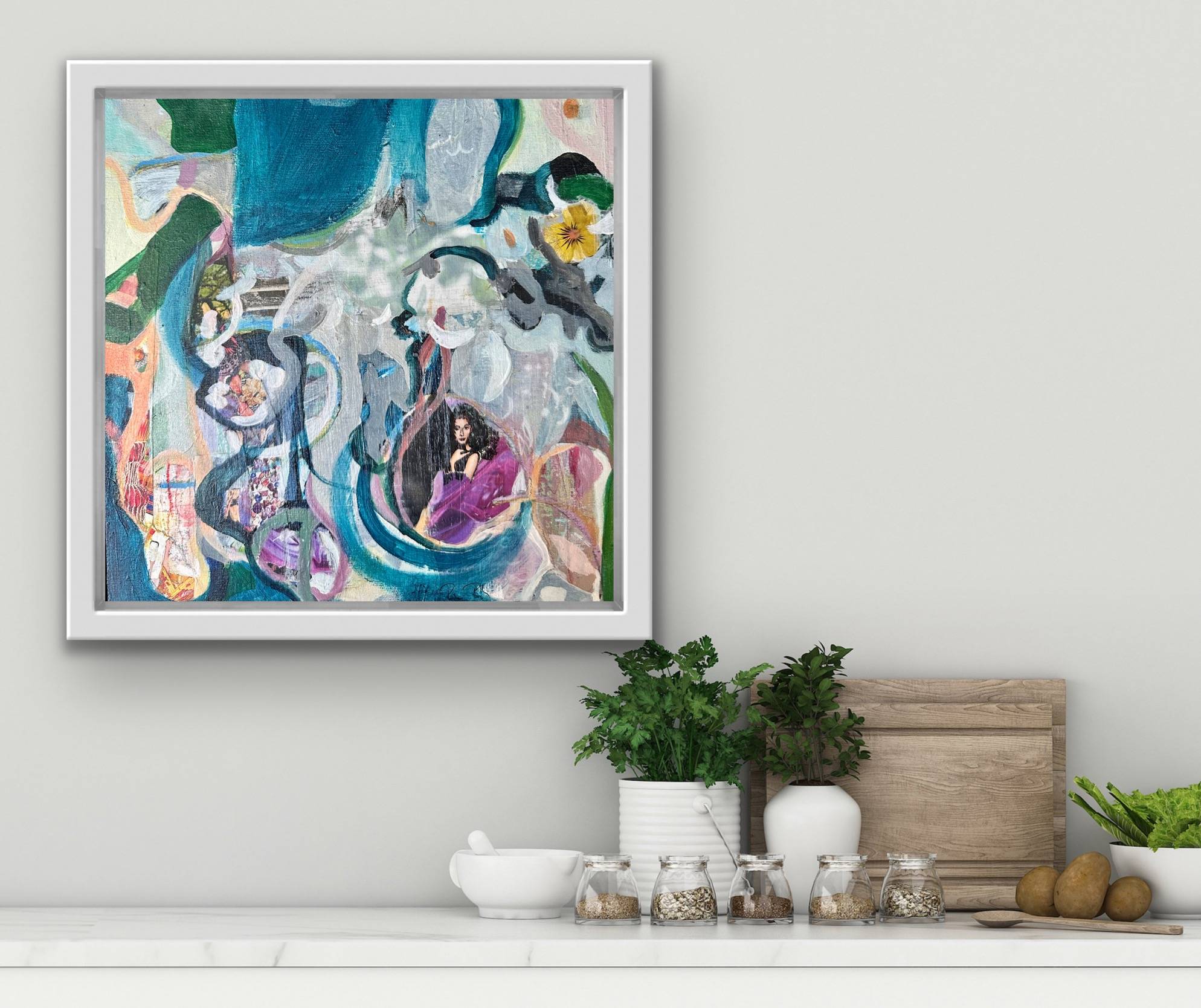 Abstract painting with organic forms and a figure in purple dress