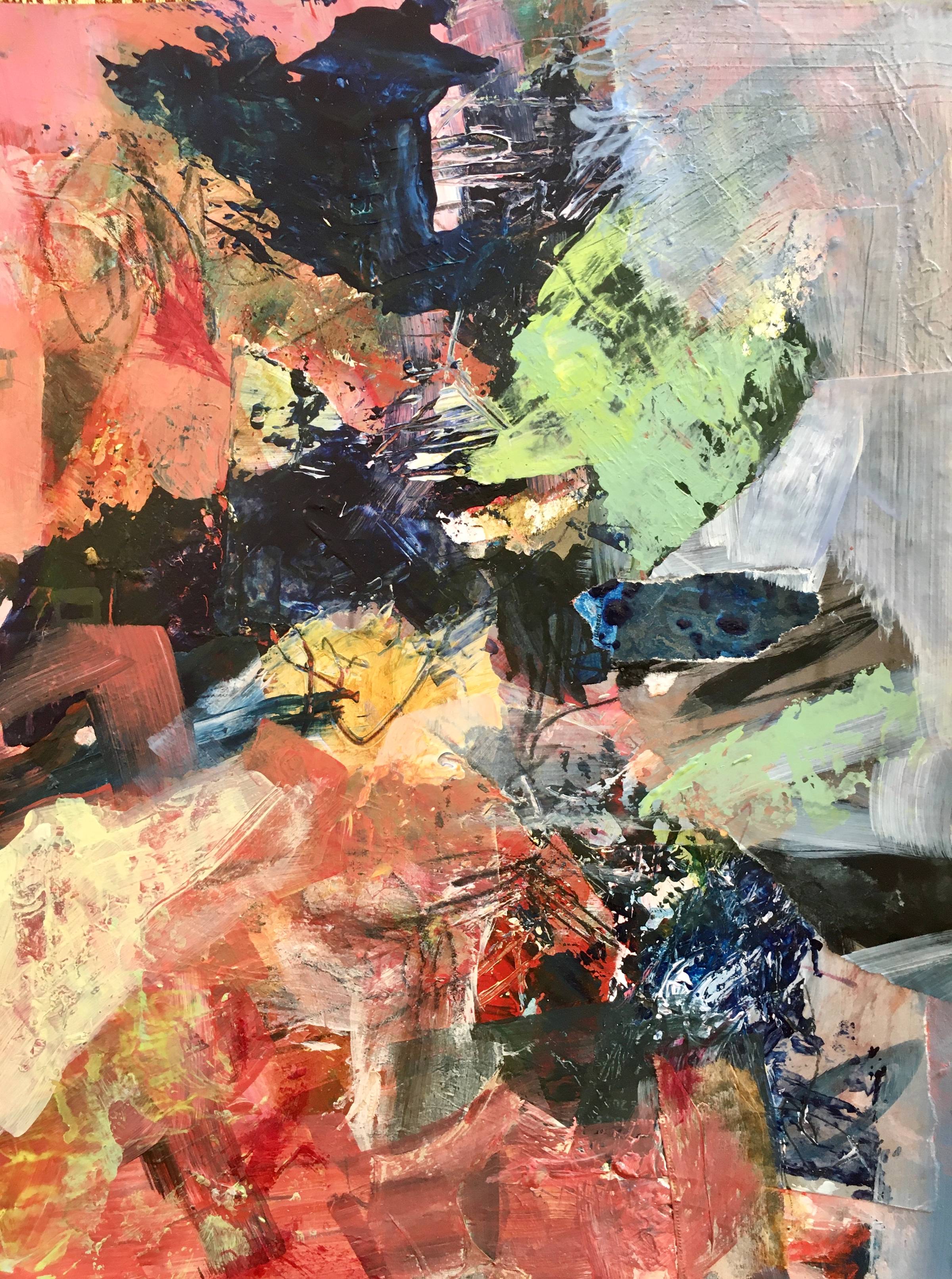 Perfect Echo – abstract painting by Beáta B?sze with dark blue, salmon, red, and light green forms, symbolizing balance and contrast, stillness and motion