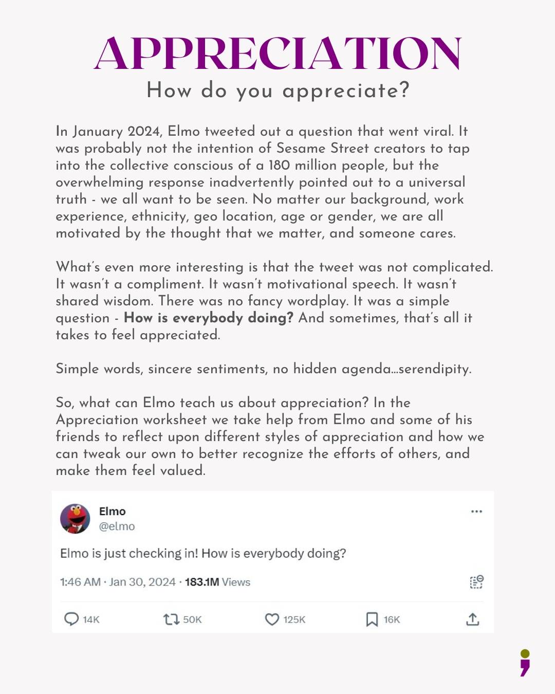 Flashcard with writeup about appreciation and an image on a tweet by Elmo from Sesame Street in which he asks "How is everybody doing?".