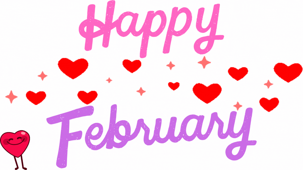 The image features the words "Happy February" in stylized pink and purple lettering. Surrounding the text are red hearts and pink stars. In the bottom left corner, there is a cartoon heart character with a smiling face and stick legs. The background is wh