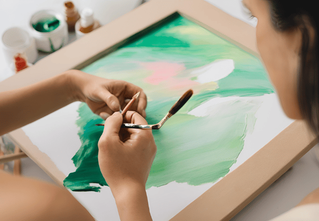 A woman is painting a story about how she wants her life to go this coming week.