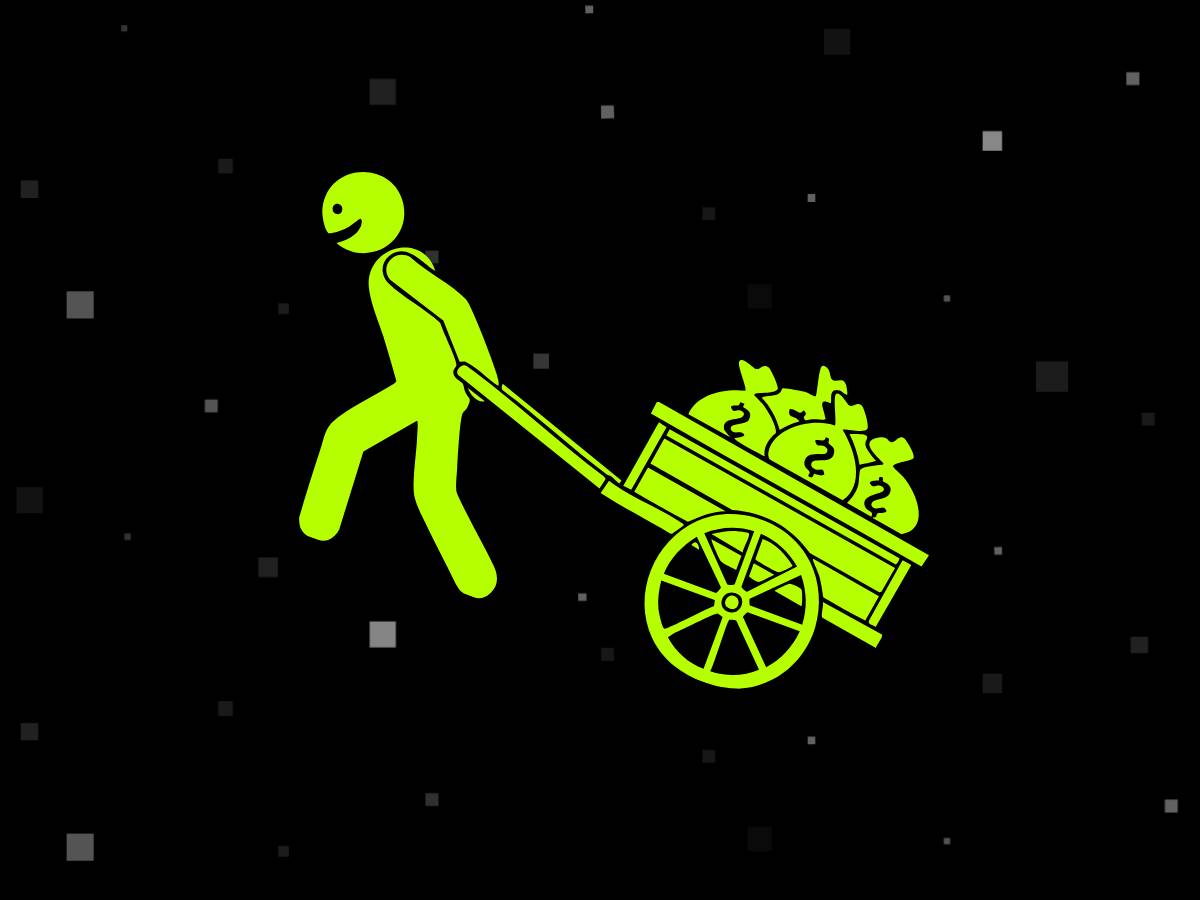 man pulling a cart with money bags