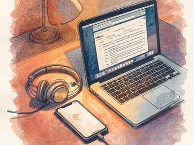 Hand-drawn colored pencil illustration of a laptop open to an email inbox next to a phone lighting up with a notification, headphones and a desk lamp nearby, warm terracotta studio desk scene