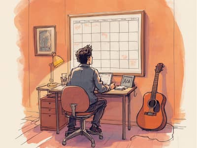 musician seated at a desk, staring at a blank calendar with his laptop open in front of him while his guitar leans against the wall.