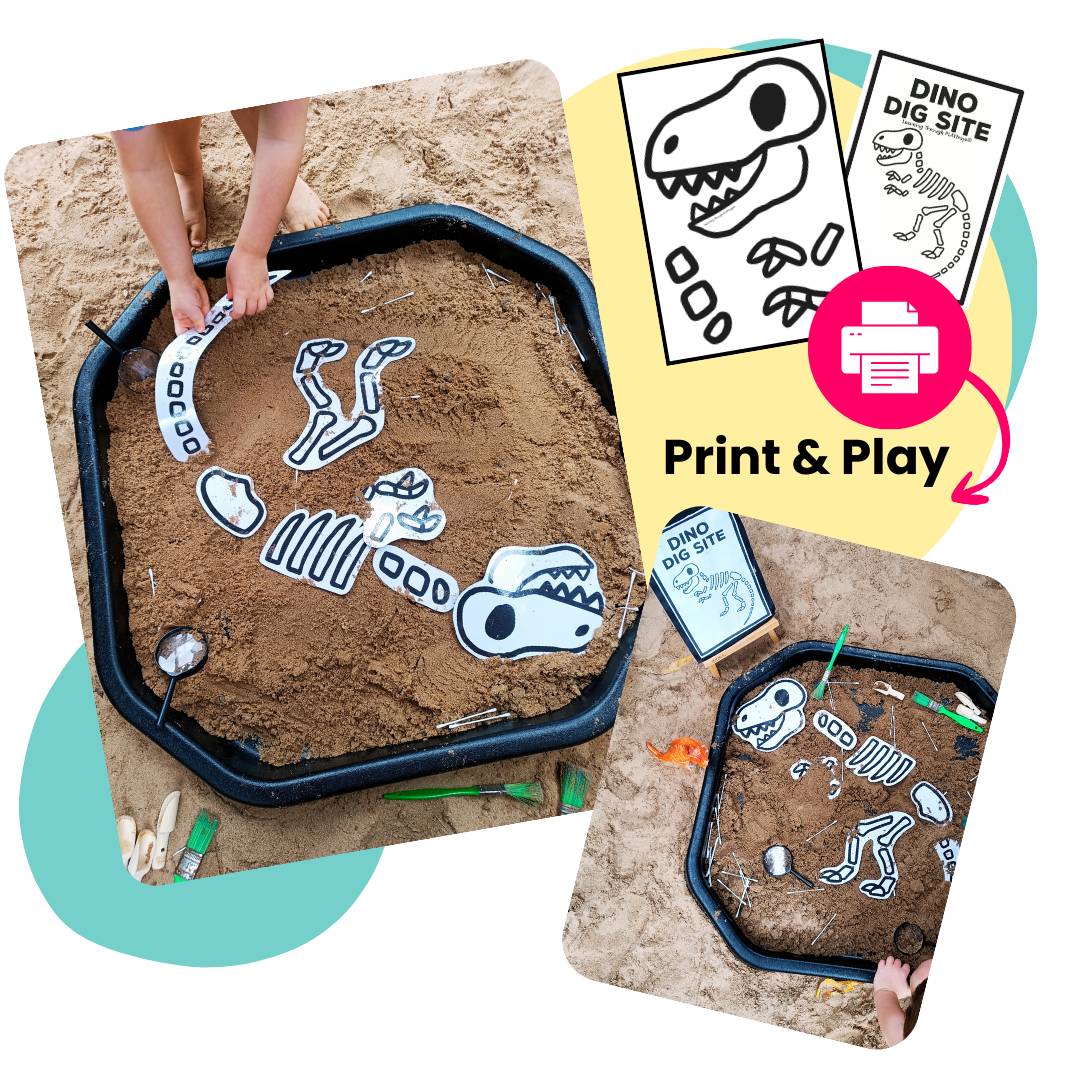 Sand tray play setup with toy dinosaurs and sand for sensory play